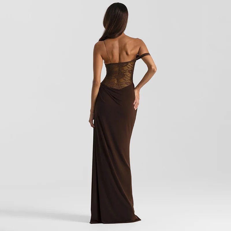 Fleepmart One Shoulder Lace See Through Sexy Maxi Dress Women Gown Fashion Off-shoulder Sleeveless Backless Club Long Dresses Fleepmart One Shoulder Lace See Through Sexy Maxi Dress Women Gown Fashion Off-shoulder Sleeveless Backless Club Long Dresses