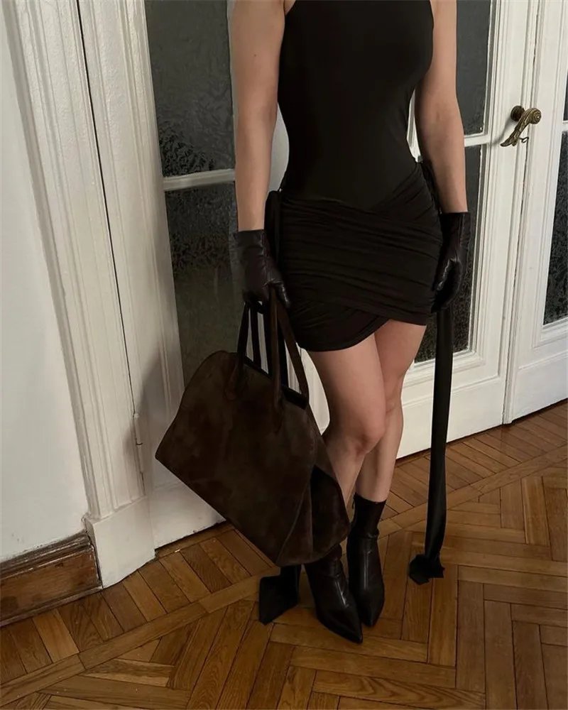 Fleepmart Turtleneck Sleeveless Sexy Mini Dress For Women Fashion Irregular Ruched Tank Dress Femme Elegant Club Party Dress