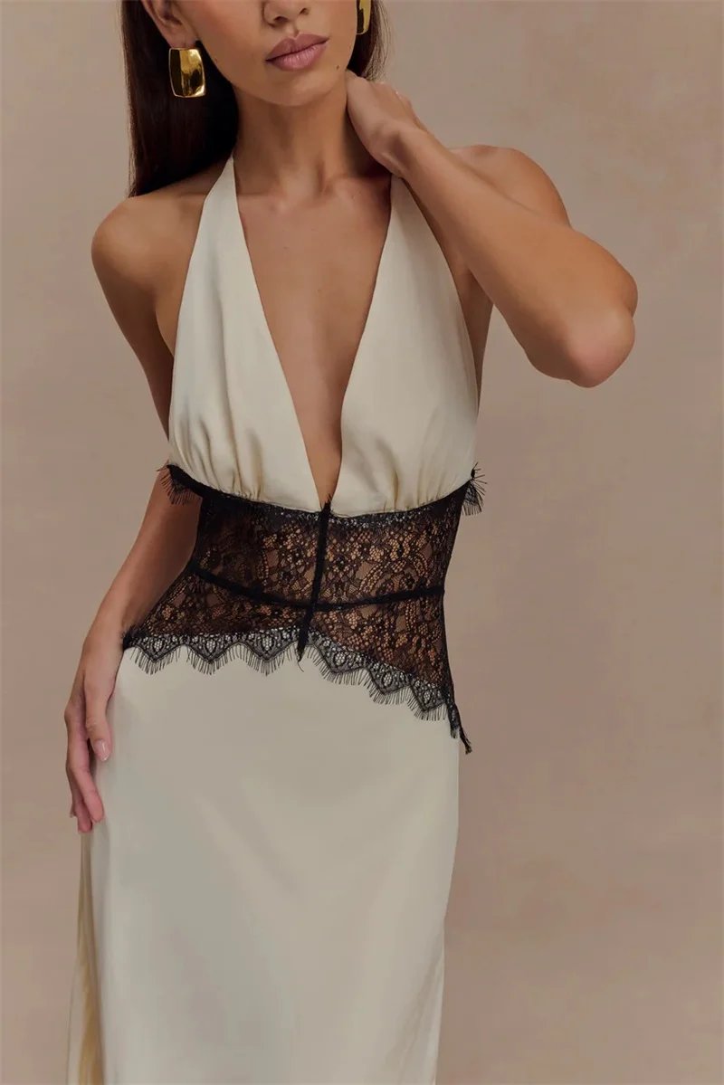 Fleepmart Summer Backless Sexy Maxi Dress Women Gown Patchwork Lace Halter Deep V Neck Sleeveless High Waist Elegant Long Dress