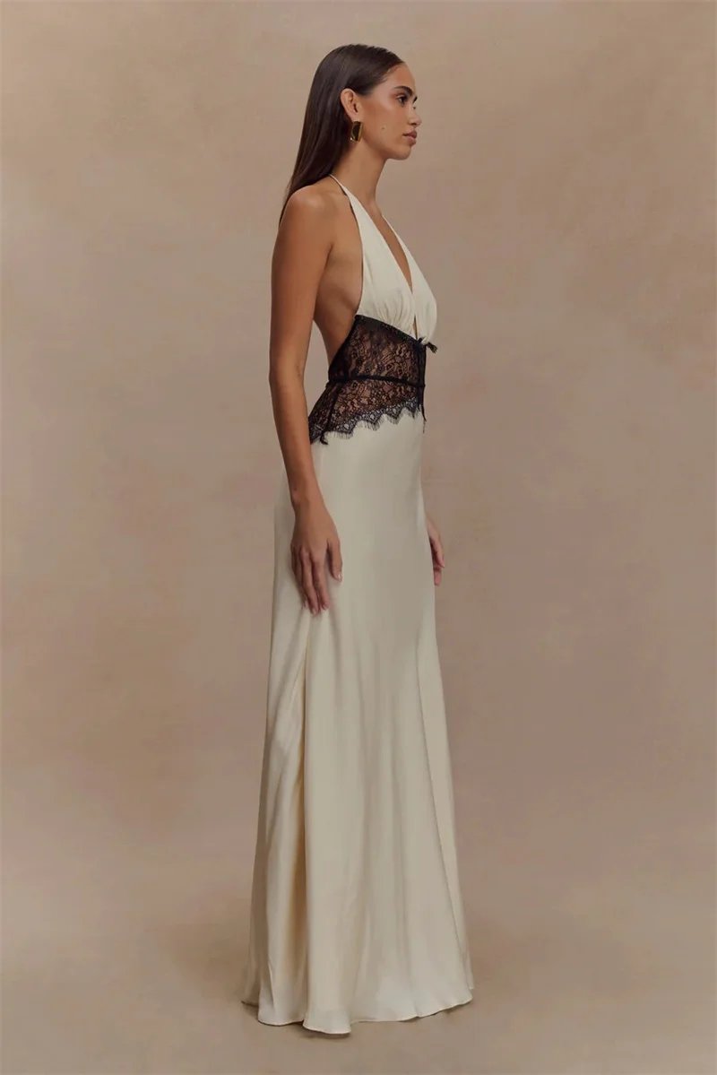 Fleepmart Summer Backless Sexy Maxi Dress Women Gown Patchwork Lace Halter Deep V Neck Sleeveless High Waist Elegant Long Dress