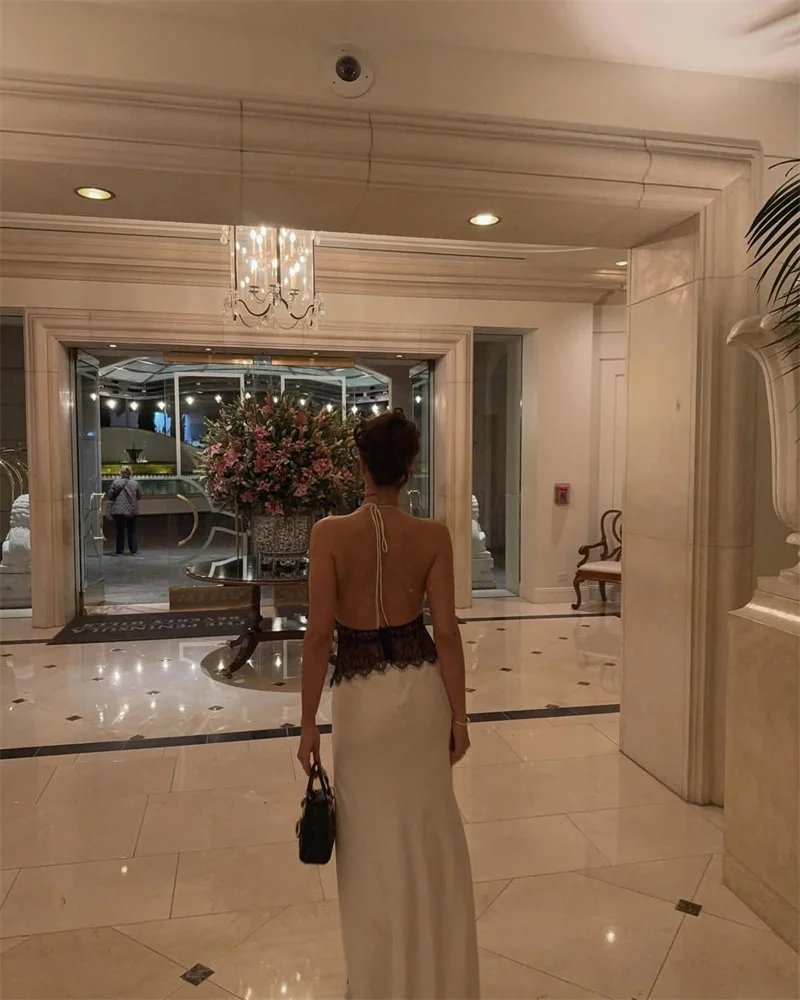 Fleepmart Summer Backless Sexy Maxi Dress Women Gown Patchwork Lace Halter Deep V Neck Sleeveless High Waist Elegant Long Dress