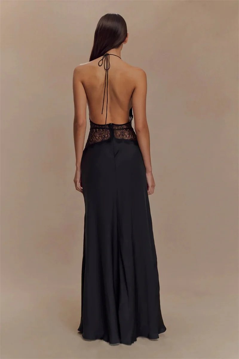 Fleepmart Summer Backless Sexy Maxi Dress Women Gown Patchwork Lace Halter Deep V Neck Sleeveless High Waist Elegant Long Dress
