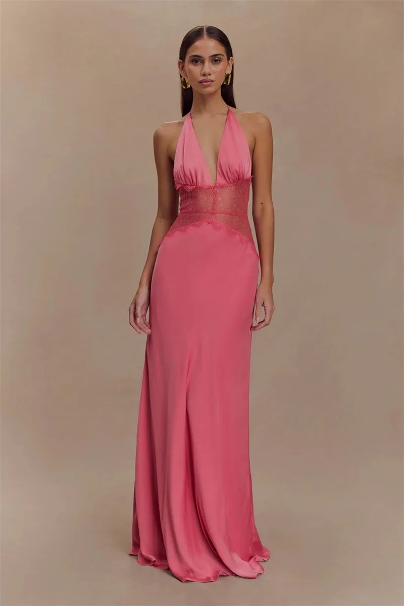 Fleepmart Summer Backless Sexy Maxi Dress Women Gown Patchwork Lace Halter Deep V Neck Sleeveless High Waist Elegant Long Dress