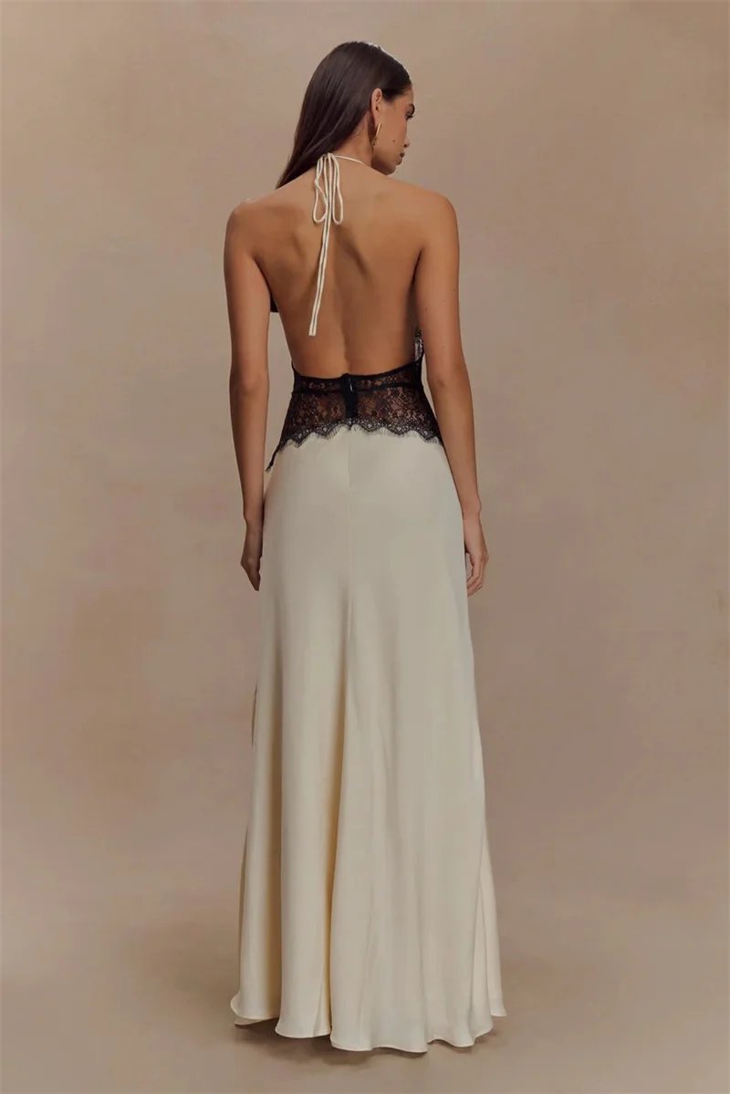 Fleepmart Summer Backless Sexy Maxi Dress Women Gown Patchwork Lace Halter Deep V Neck Sleeveless High Waist Elegant Long Dress