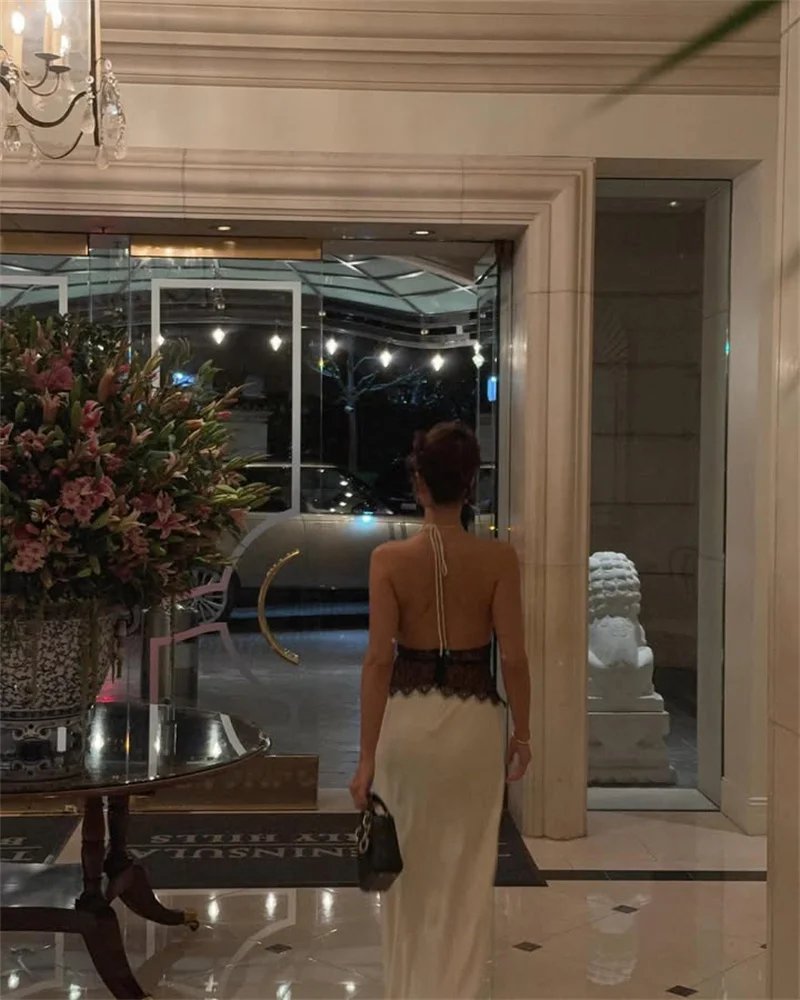 Fleepmart Summer Backless Sexy Maxi Dress Women Gown Patchwork Lace Halter Deep V Neck Sleeveless High Waist Elegant Long Dress