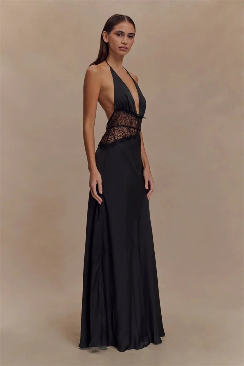 Fleepmart Summer Backless Sexy Maxi Dress Women Gown Patchwork Lace Halter Deep V Neck Sleeveless High Waist Elegant Long Dress
