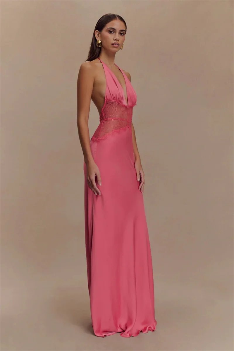 Fleepmart Summer Backless Sexy Maxi Dress Women Gown Patchwork Lace Halter Deep V Neck Sleeveless High Waist Elegant Long Dress