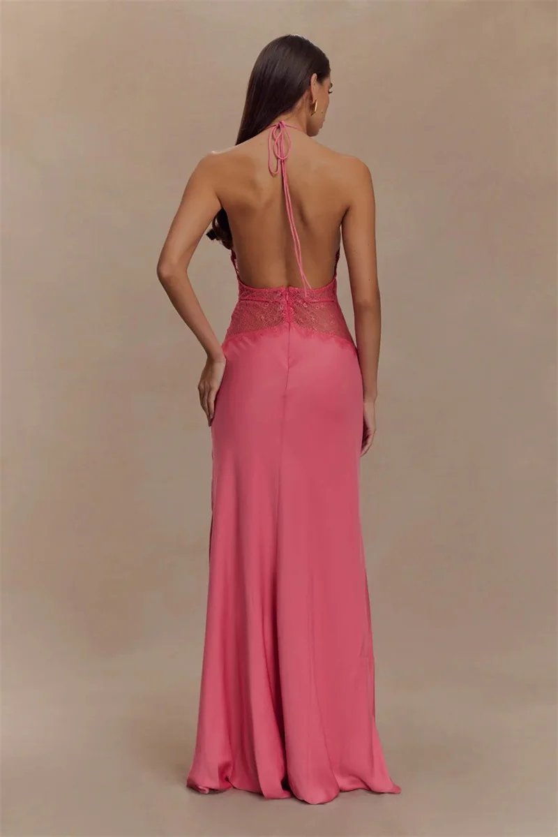 Fleepmart Summer Backless Sexy Maxi Dress Women Gown Patchwork Lace Halter Deep V Neck Sleeveless High Waist Elegant Long Dress