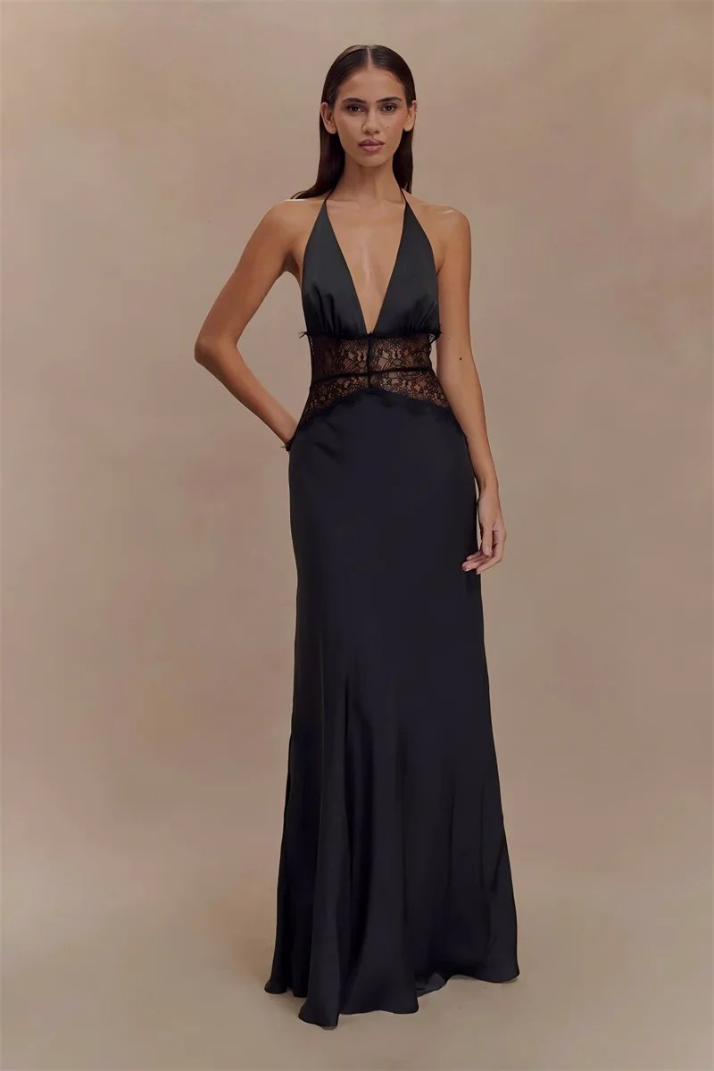 Fleepmart Summer Backless Sexy Maxi Dress Women Gown Patchwork Lace Halter Deep V Neck Sleeveless High Waist Elegant Long Dress