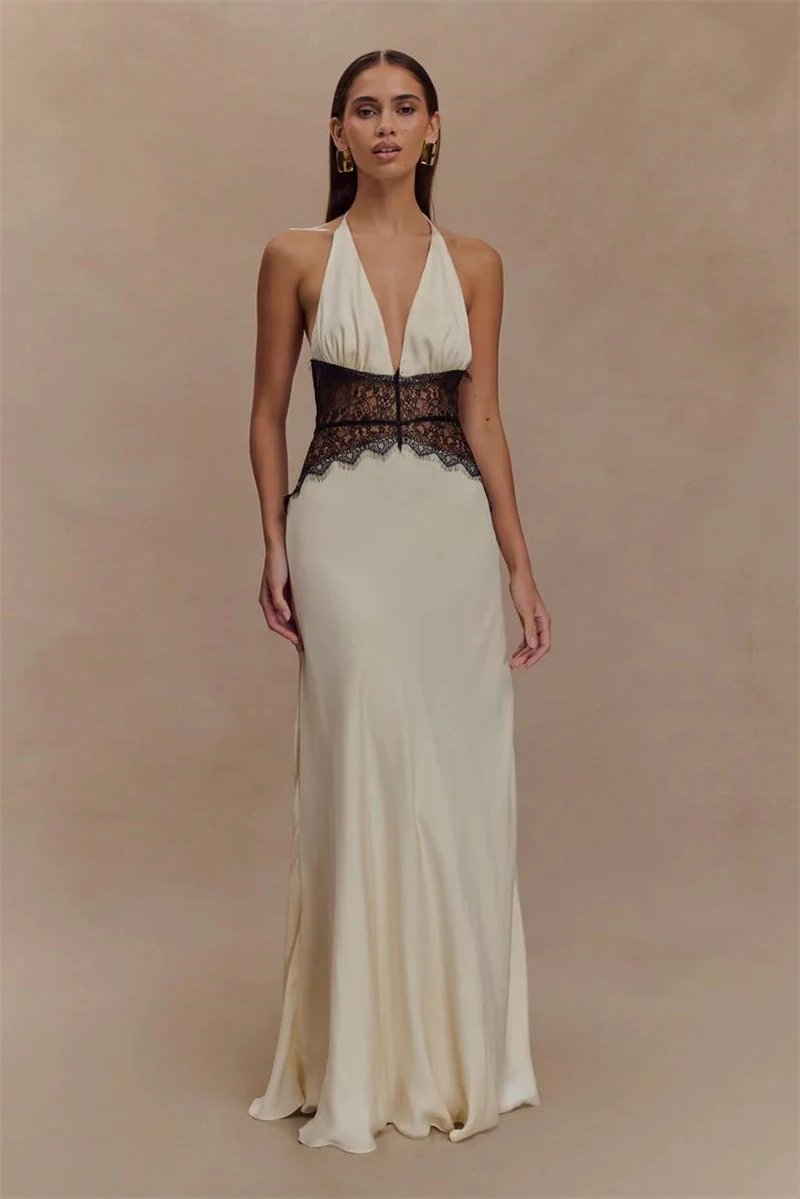 Fleepmart Summer Backless Sexy Maxi Dress Women Gown Patchwork Lace Halter Deep V Neck Sleeveless High Waist Elegant Long Dress