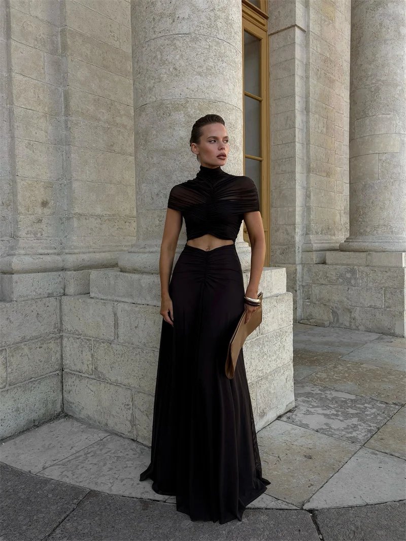 Fleepmart Hollow Out Short Sleeve Sexy Maxi Dress Women Fashion O Neck Ruched High Waist Bodycon Club Party Long Dress Female