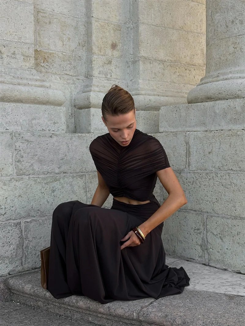 Fleepmart Hollow Out Short Sleeve Sexy Maxi Dress Women Fashion O Neck Ruched High Waist Bodycon Club Party Long Dress Female
