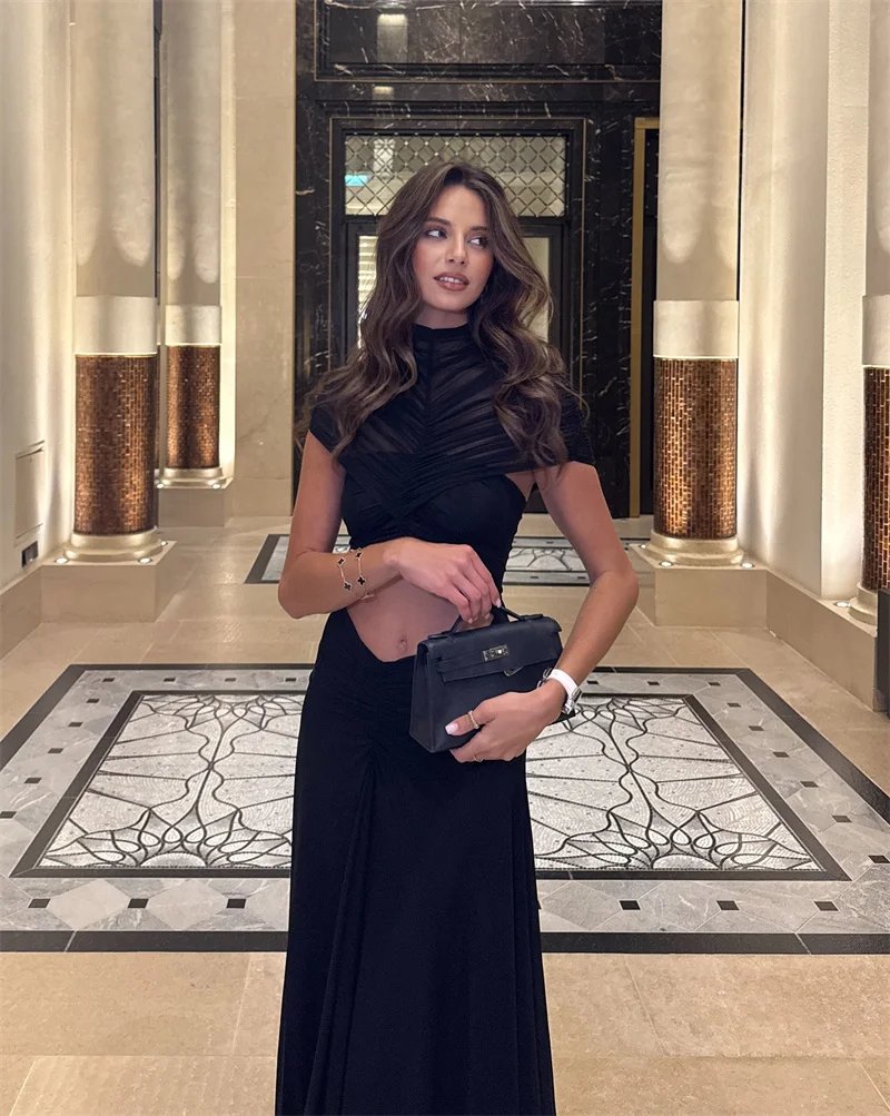 Fleepmart Hollow Out Short Sleeve Sexy Maxi Dress Women Fashion O Neck Ruched High Waist Bodycon Club Party Long Dress Female