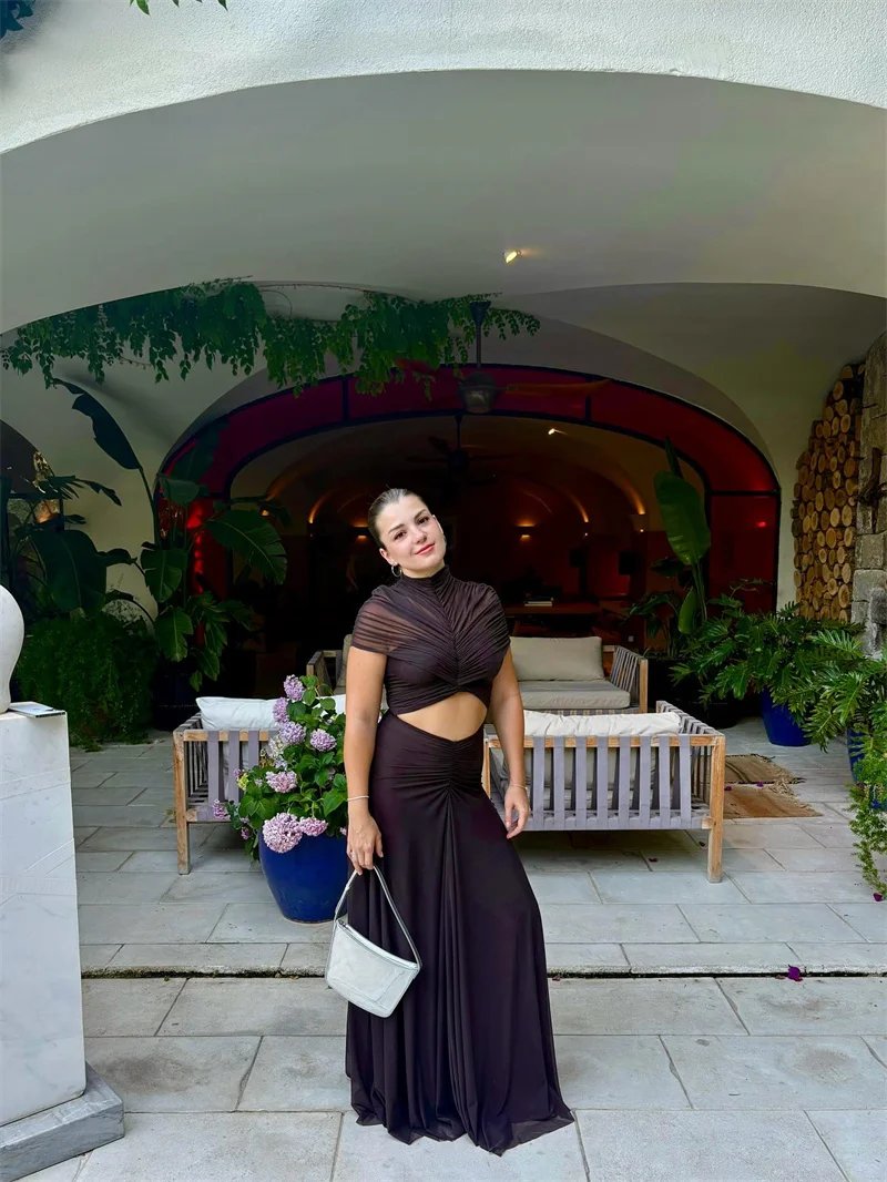Fleepmart Hollow Out Short Sleeve Sexy Maxi Dress Women Fashion O Neck Ruched High Waist Bodycon Club Party Long Dress Female