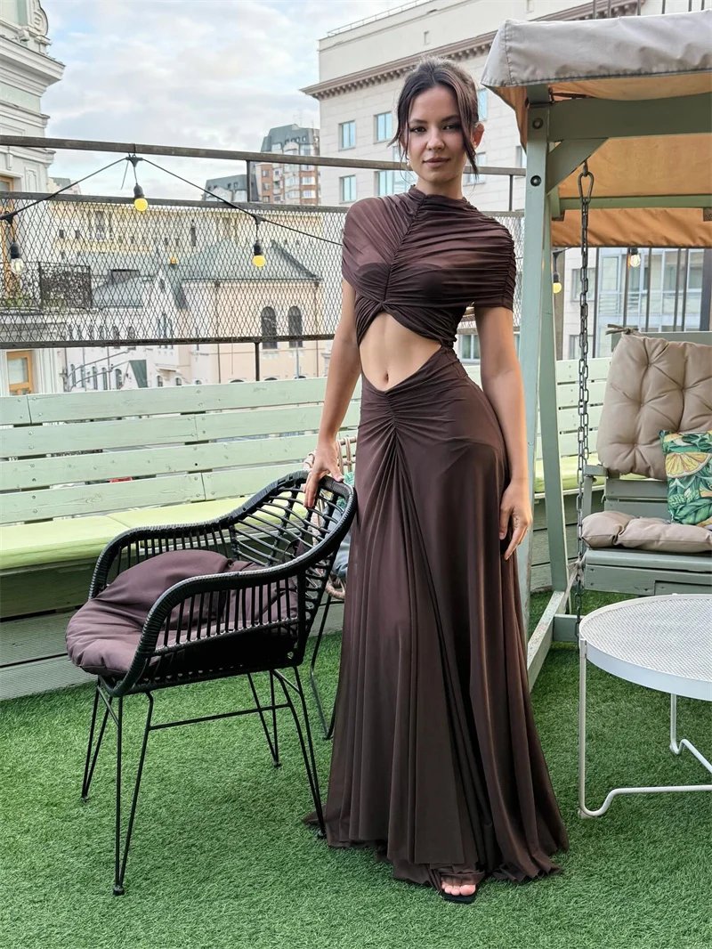 Fleepmart Hollow Out Short Sleeve Sexy Maxi Dress Women Fashion O Neck Ruched High Waist Bodycon Club Party Long Dress Female