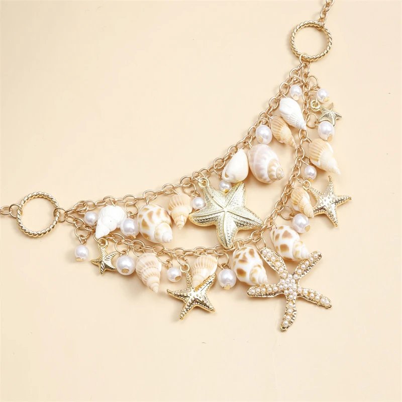 Fleepmart Bohemia Handmade Shell Conch Chain Bracelet for Women Elegant Imitation Pearl Pendant Bracelet Summer Beach Jewelry Gifts