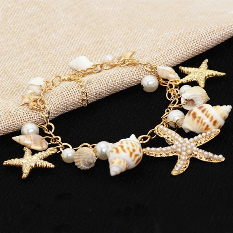 Fleepmart Bohemia Handmade Shell Conch Chain Bracelet for Women Elegant Imitation Pearl Pendant Bracelet Summer Beach Jewelry Gifts
