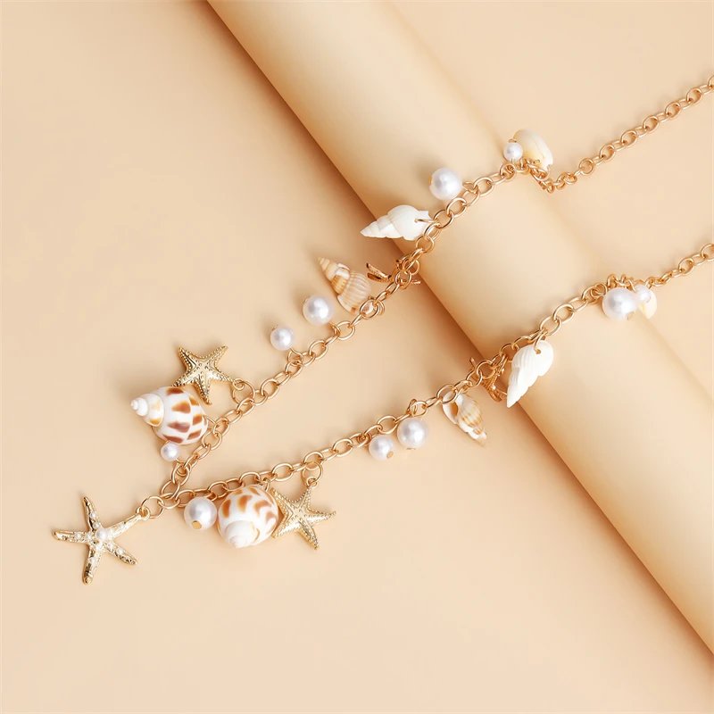 Fleepmart Bohemia Handmade Shell Conch Chain Bracelet for Women Elegant Imitation Pearl Pendant Bracelet Summer Beach Jewelry Gifts