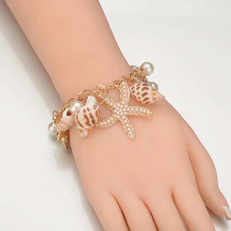 Fleepmart Bohemia Handmade Shell Conch Chain Bracelet for Women Elegant Imitation Pearl Pendant Bracelet Summer Beach Jewelry Gifts
