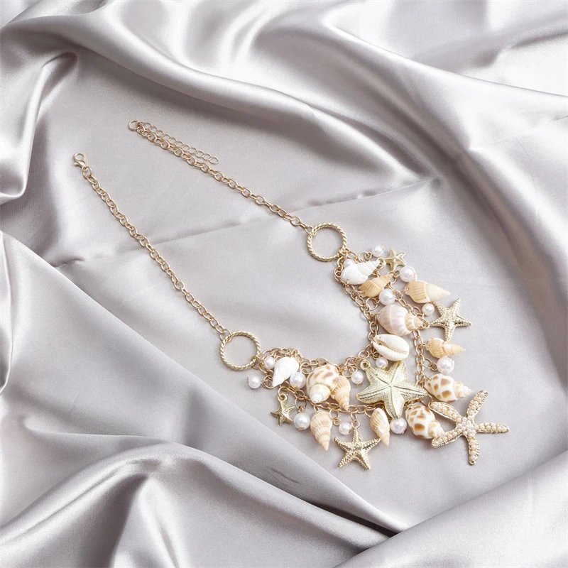 Fleepmart Bohemia Handmade Shell Conch Chain Bracelet for Women Elegant Imitation Pearl Pendant Bracelet Summer Beach Jewelry Gifts