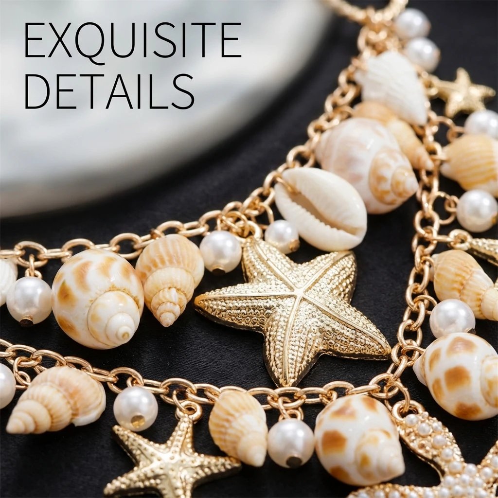 Fleepmart Exaggerated Starfish Pendant Necklace for Women Shell Conch Imitation Pearl Chain Bracelets Summer Beach Vacation Jewelry Gift