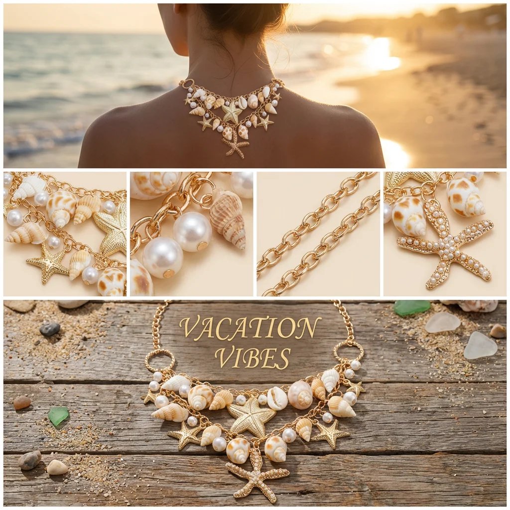 Fleepmart Exaggerated Starfish Pendant Necklace for Women Shell Conch Imitation Pearl Chain Bracelets Summer Beach Vacation Jewelry Gift