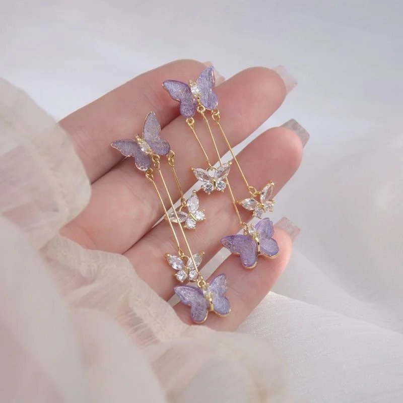 Fleepmart Elegant Purple Glass Butterfly Long Tassel Earrings for Women Delicate Rhinestone Crystal Insect Earrings Luxury Party Jewelry Fleepmart Elegant Purple Glass Butterfly Long Tassel Earrings for Women Delicate Rhinestone Crystal Insect Earrings Luxury Party Jewelry