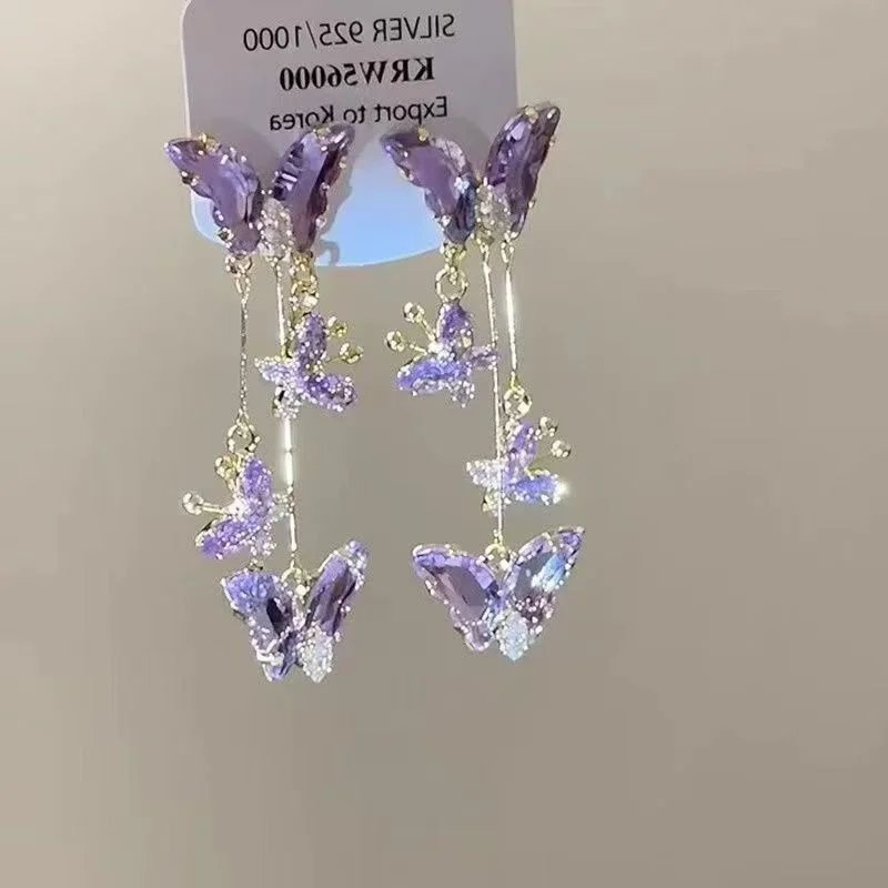 Fleepmart Elegant Purple Glass Butterfly Long Tassel Earrings for Women Delicate Rhinestone Crystal Insect Earrings Luxury Party Jewelry Fleepmart Elegant Purple Glass Butterfly Long Tassel Earrings for Women Delicate Rhinestone Crystal Insect Earrings Luxury Party Jewelry