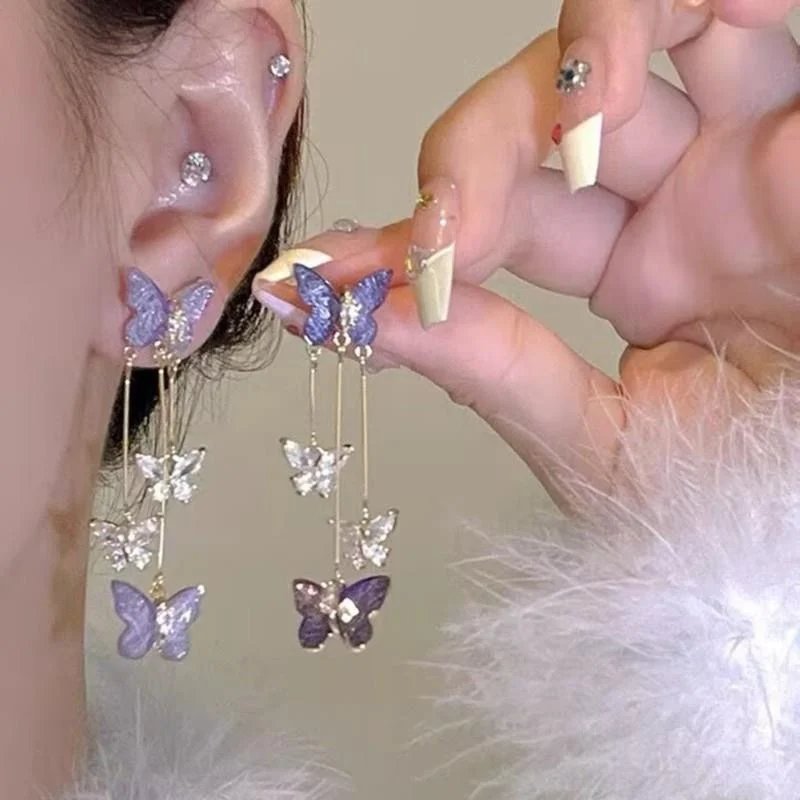 Fleepmart Elegant Purple Glass Butterfly Long Tassel Earrings for Women Delicate Rhinestone Crystal Insect Earrings Luxury Party Jewelry Fleepmart Elegant Purple Glass Butterfly Long Tassel Earrings for Women Delicate Rhinestone Crystal Insect Earrings Luxury Party Jewelry
