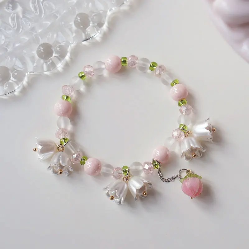 Fleepmart Sweet Vintage Pearl Lily Tulip Flower Bracelet for Women Fashion Cute Tassel Peach Pendant Bracelets Aesthetic Jewelry