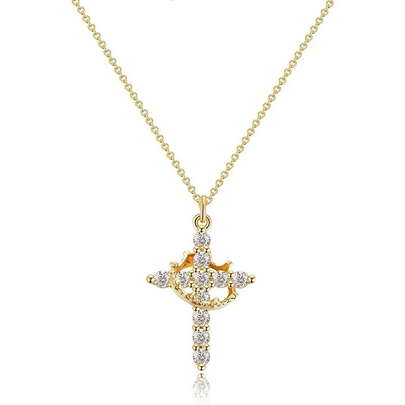 Fleepmart Stainless Steel Cross Zircon Choker Rings Necklace for Women Fashion Rotatable Crown Cross Chain Christian Prayer Jewelry Gift