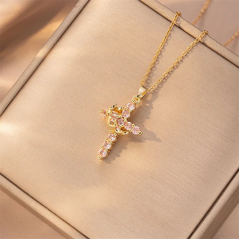 Fleepmart Stainless Steel Cross Zircon Choker Rings Necklace for Women Fashion Rotatable Crown Cross Chain Christian Prayer Jewelry Gift
