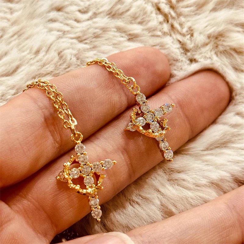 Fleepmart Stainless Steel Cross Zircon Choker Rings Necklace for Women Fashion Rotatable Crown Cross Chain Christian Prayer Jewelry Gift