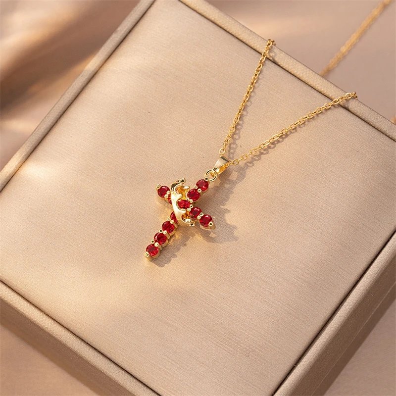 Fleepmart Stainless Steel Cross Zircon Choker Rings Necklace for Women Fashion Rotatable Crown Cross Chain Christian Prayer Jewelry Gift
