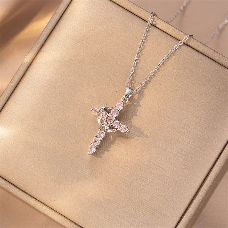 Fleepmart Stainless Steel Cross Zircon Choker Rings Necklace for Women Fashion Rotatable Crown Cross Chain Christian Prayer Jewelry Gift