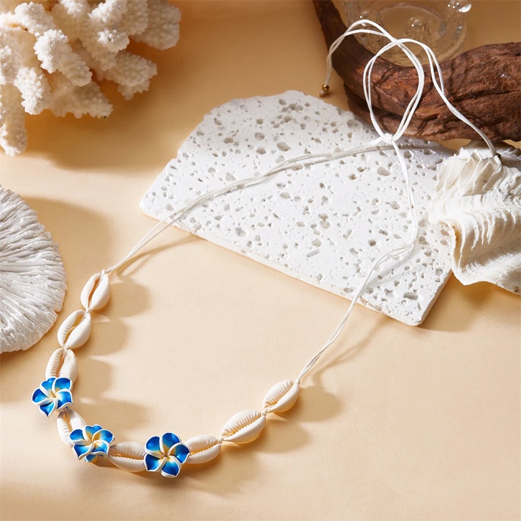 Fleepmart Bohemian Pink Plumeria Braided Necklace for Women Bohemia Sea Shell Hand-woven Choker Necklace Summer Beach Party Jewelry Gift