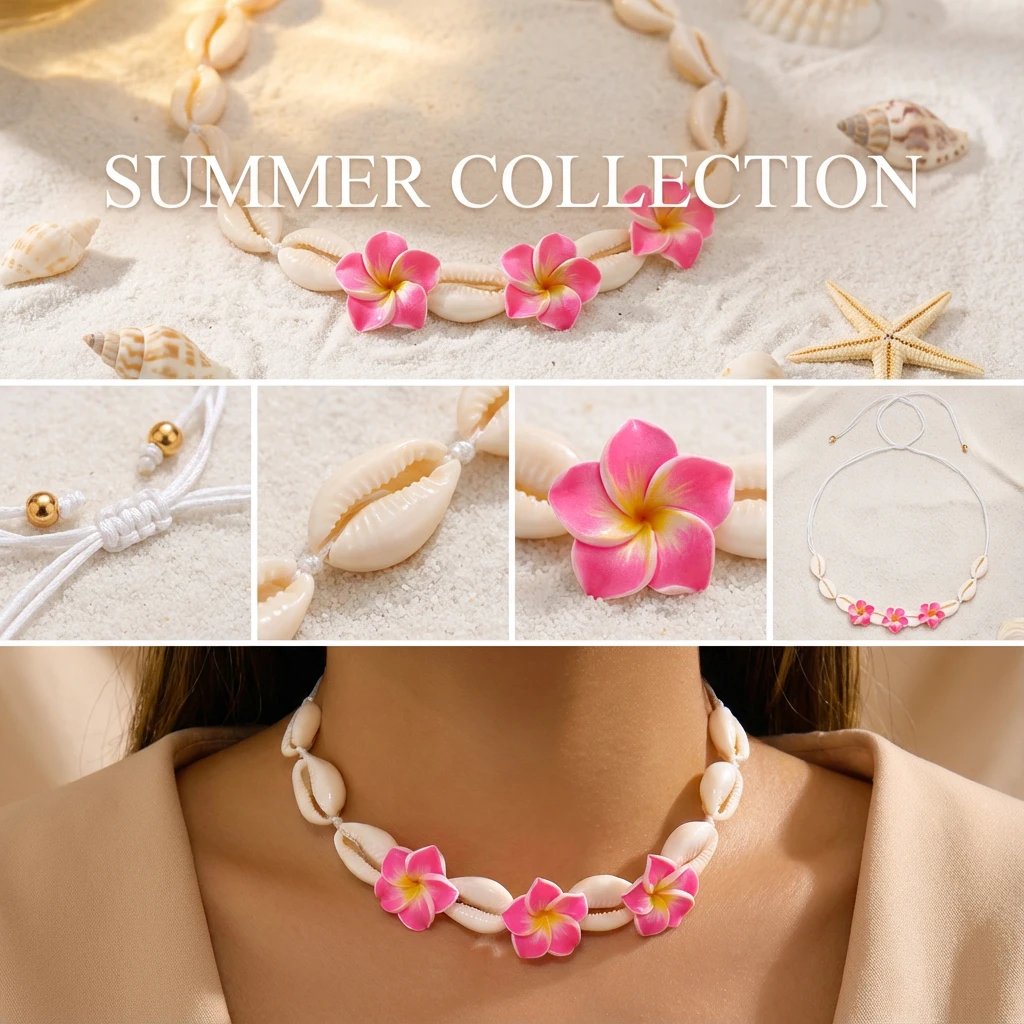 Fleepmart Bohemian Pink Plumeria Braided Necklace for Women Bohemia Sea Shell Hand-woven Choker Necklace Summer Beach Party Jewelry Gift