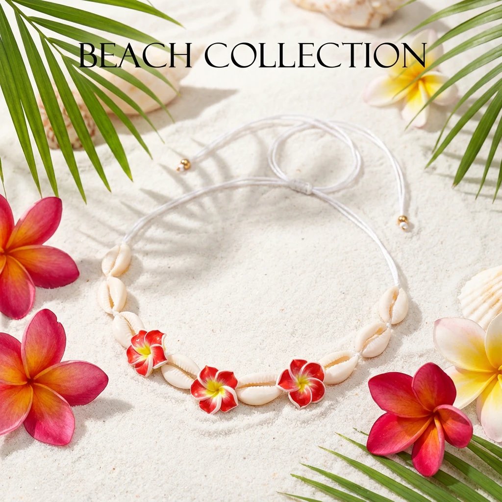 Fleepmart Bohemian Pink Plumeria Braided Necklace for Women Bohemia Sea Shell Hand-woven Choker Necklace Summer Beach Party Jewelry Gift
