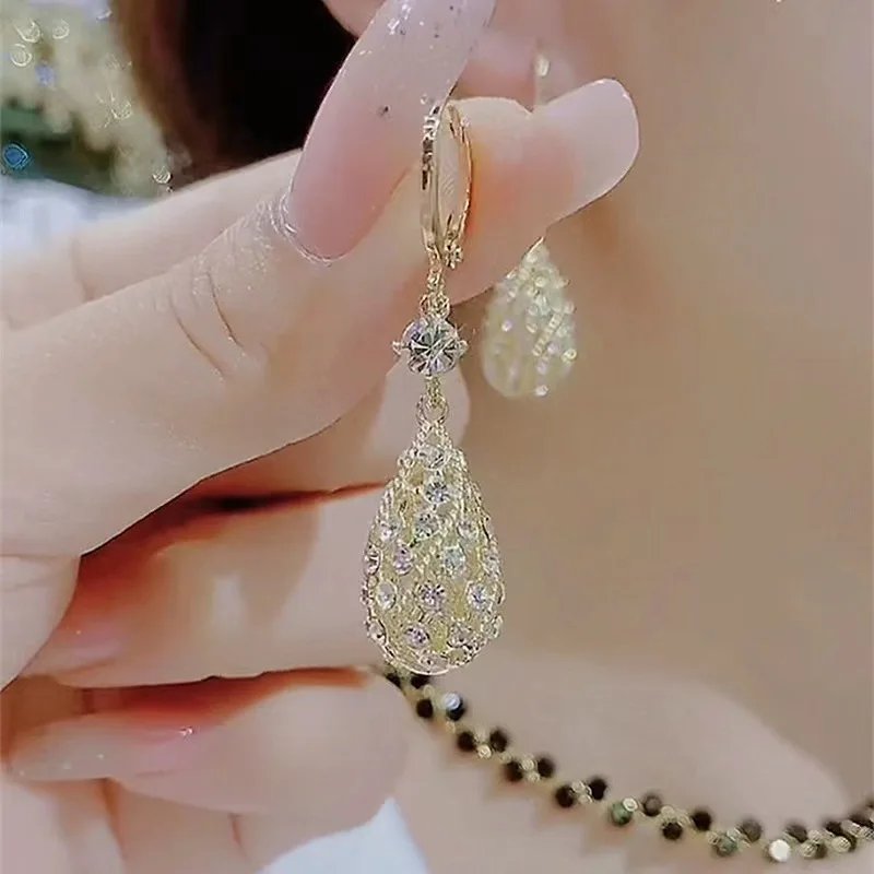 Fleepmart Simple Design Water Drop Shape Rhinestones Earrings for Women Light Luxury Shiny Zircon Hollow Earrings Jewelry Accessories