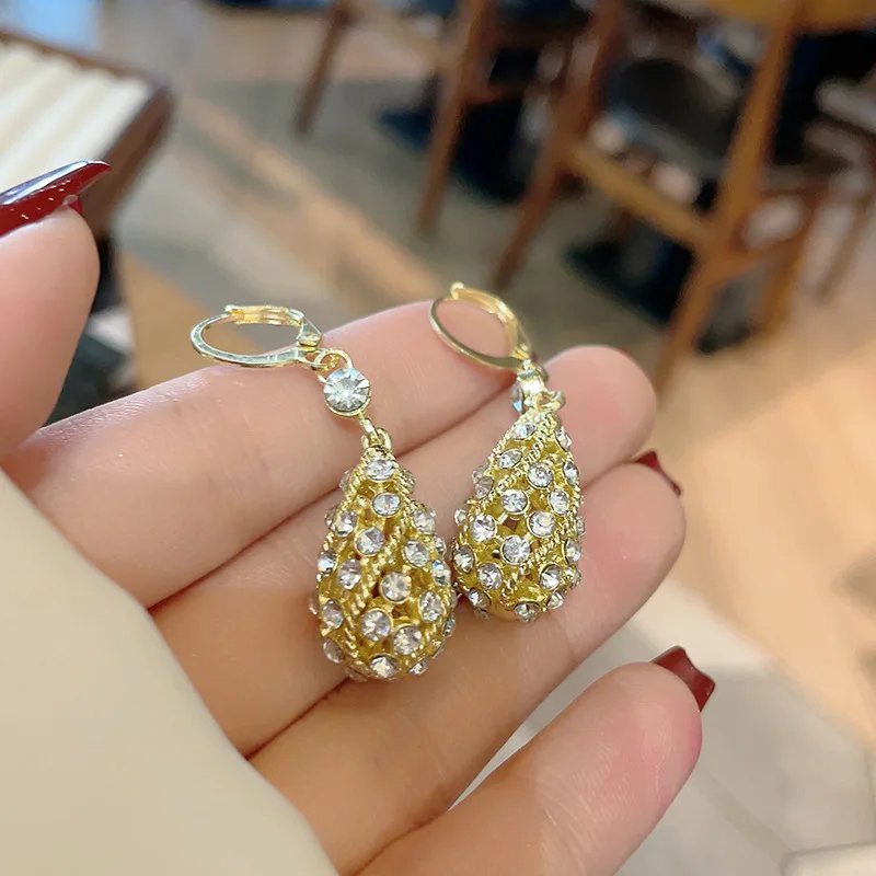 Fleepmart Simple Design Water Drop Shape Rhinestones Earrings for Women Light Luxury Shiny Zircon Hollow Earrings Jewelry Accessories