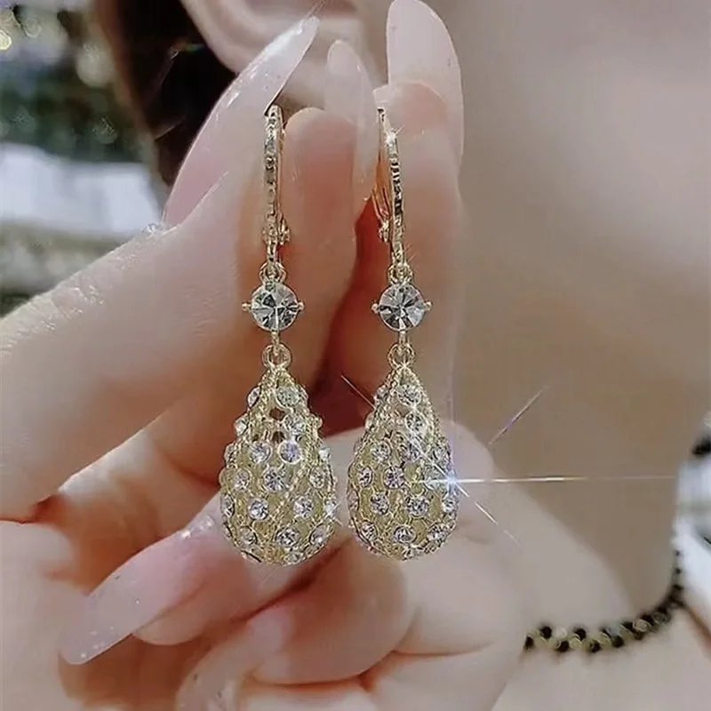 Fleepmart Simple Design Water Drop Shape Rhinestones Earrings for Women Light Luxury Shiny Zircon Hollow Earrings Jewelry Accessories